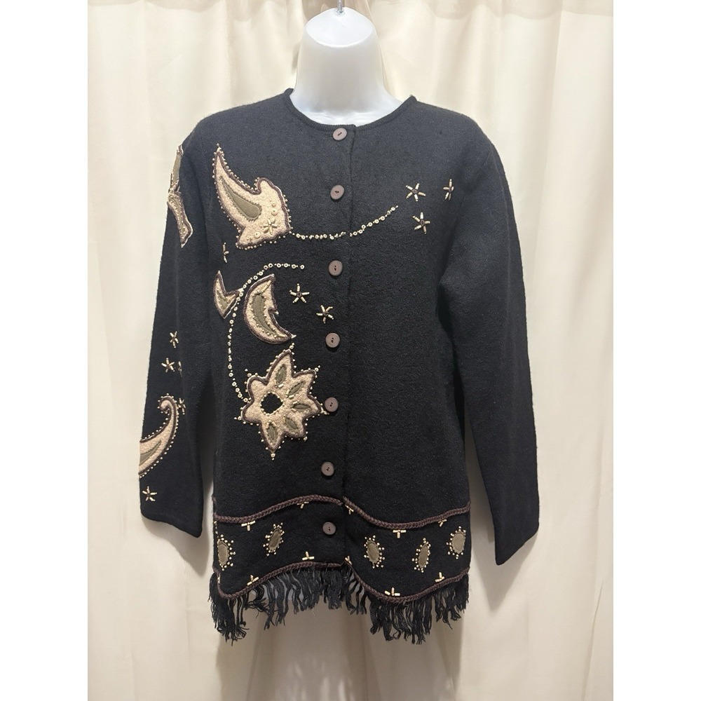 Susan Bristol Womens Wool Hand Embroidered Beaded Shapes Cardigan Sweater Size M